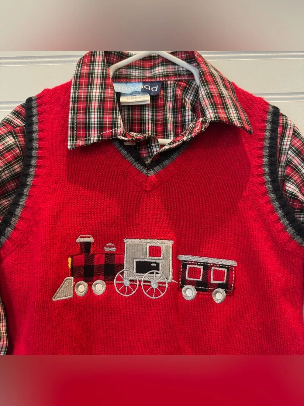 Goodlad Boys 4T Christmas Outfit Shirt Sweater Vest Train Plaid Holiday 2 Piece